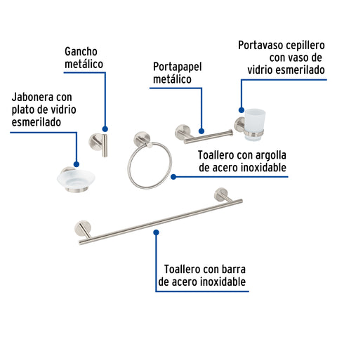 Juego de 6 accesorios para baño acabado satín, FOSET TÚBIG | TBA-7000N | 47974