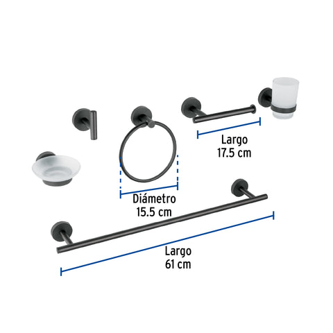 Juego de 6 accesorios para baño acabado negro, FOSET TÚBIG | TBA-7000M | 47975