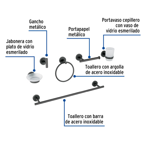 Juego de 6 accesorios para baño acabado negro, FOSET TÚBIG | TBA-7000M | 47975