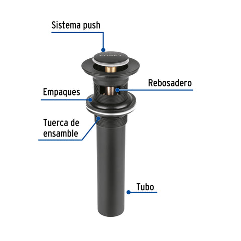 Contra p/lavabo, 1-1/4', con rebosadero, push, latón, negro | CE-206M | 47981