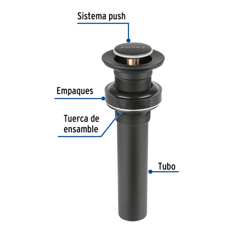 Contra p/lavabo, 1-1/4', sin rebosadero, push, latón, negro | CE-206SM | 47982