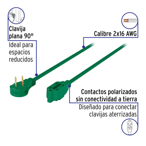 Extensión eléctrica doméstica 2 m clavija plana, verde | ED-2V | 48002