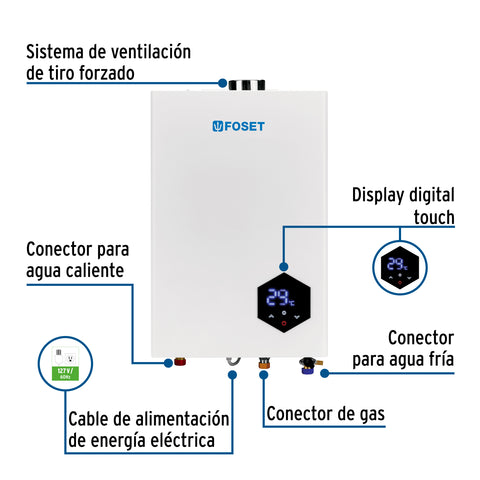 Calentador instantáneo modulante, 24L, 4 serv, gas LP, FOSET | CALE-24IM | 48017