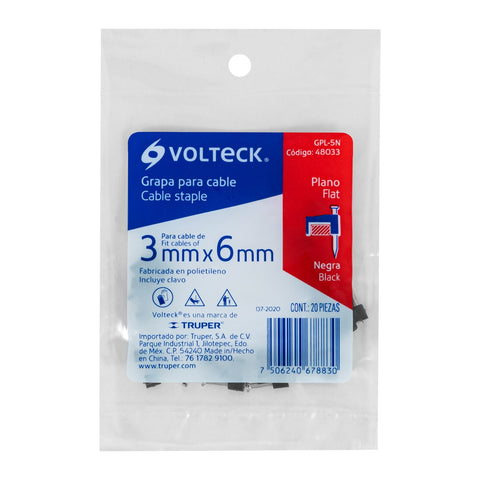 Bolsa con 20 grapas negras de 3 x 6 mm para cable plano | GPL-5N | 48033