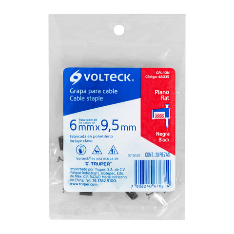 Bolsa con 20 grapas negras de 6 x 9.5 mm para cable plano | GPL-10N | 48035