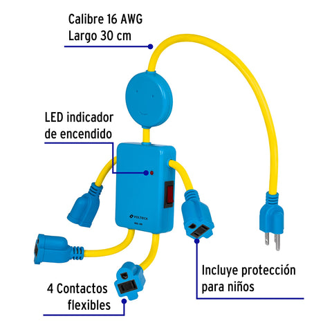 Multicontacto 16 AWG figura de niño con 4 entradas, Volteck | MUL-4NI | 48182