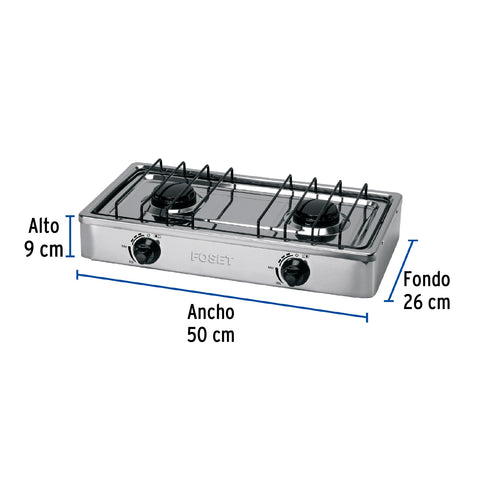 Parrilla de gas de sobreponer 2 quemadores, inox, FOSET | PAGA-2X | 48234