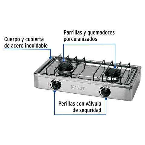 Parrilla de gas de sobreponer 2 quemadores, inox, FOSET | PAGA-2X | 48234