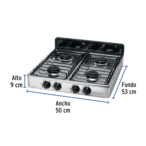 Parrilla de gas de sobreponer 4 quemadores, inox, FOSET | PAGA-4X | 48235
