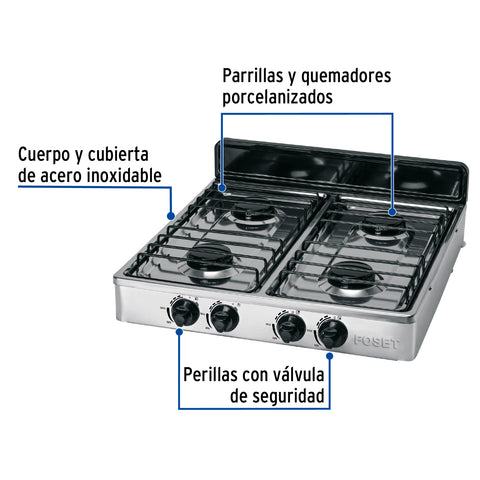 Parrilla de gas de sobreponer 4 quemadores, inox, FOSET | PAGA-4X | 48235