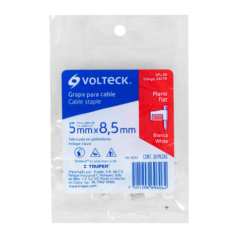 Bolsa con 20 grapas blancas de 5 x 8.5 mm para cable plano | GPL-8B | 48278