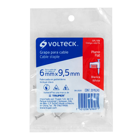Bolsa con 20 grapas blancas de 6 x 9.5 mm para cable plano | GPL-10B | 48279