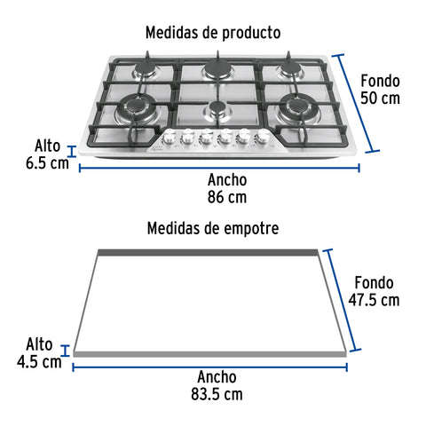 Parrilla gas empotrable 90cm, 6 quem, acero inox, RIVIERA | PAE-906GA | 48315