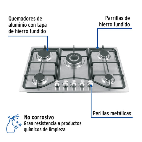 Parrilla gas empotrable 75cm, 5 quem, acero inox, RIVIERA | PAE-755GA | 48316