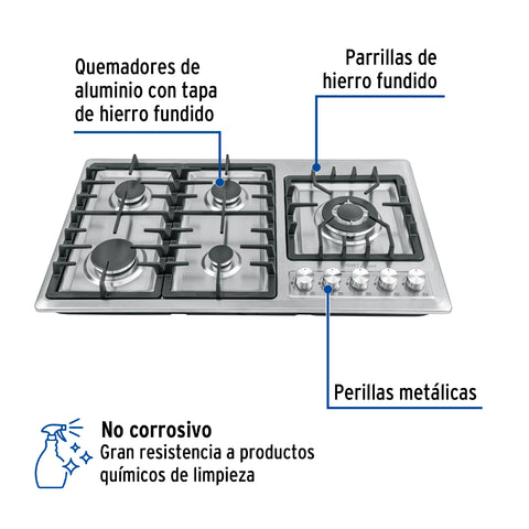 Parrilla gas empotrable 90cm, 5 quem, lateral, inox, RIVIERA | PAE-915GA | 48319