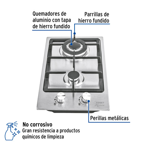 Parrilla gas empotrable 30cm, 2 quem, acero inox, RIVIERA | PAE-302GA | 48320