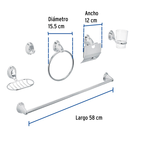 Juego de 6 accesorios p/baño cromo chapetón ovalado, AQUA | AQA-4003 | 48341