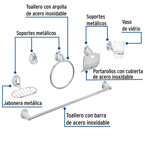 Juego de 6 accesorios p/baño cromo chapetón ovalado, AQUA | AQA-4003 | 48341