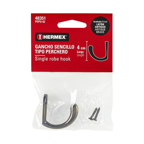 Gancho sencillo tipo perchero, latón antiguo, HERMEX | PEPU-02 | 48351