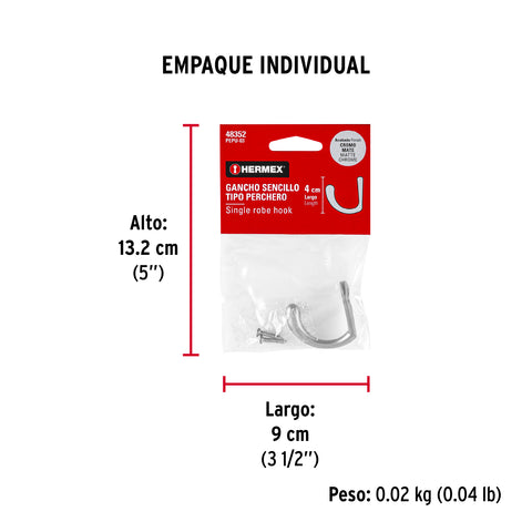 Gancho sencillo tipo perchero, cromo mate, HERMEX | PEPU-03 | 48352