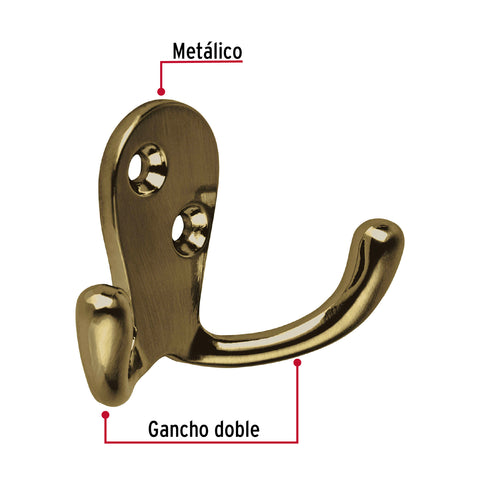 Gancho doble tipo perchero, latón antiguo, HERMEX | PEPU-22 | 48357