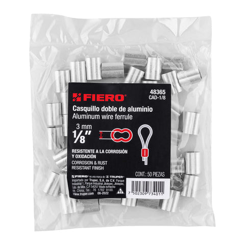 Bolsa con 50 casquillos dobles de aluminio, 1/8', FIERO | CAD-1/8 | 48365