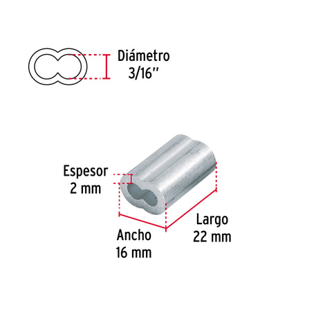Bolsa con 50 casquillos dobles de aluminio, 3/16', FIERO | CAD-3/16 | 48366