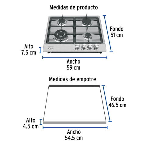 Parrilla gas empotrable 60cm, 4 quem, acero inox, RIVIERA | PAE-604GA | 48406