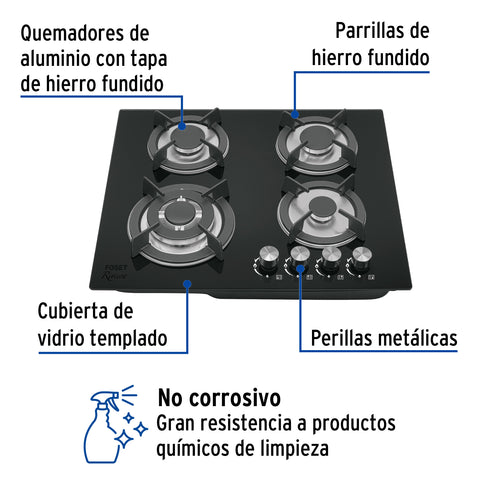 Parrilla gas empotrable 60cm, 4 quem, vidrio negro, RIVIERA | PAE-604GV | 48408