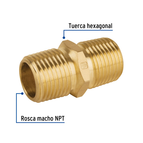 Niple unión NPT de latón, 1/2' con tuerca hexagonal, FOSET | CLG-666 | 48499