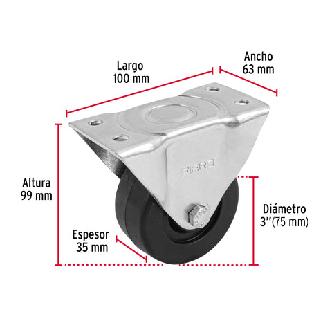 Rodaja hule 3', placa fija con buje, carga 50 kg, FIERO | RO-113 | 48599