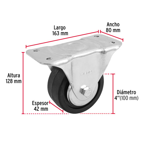 Rodaja hule 4', placa fija con balero, carga 100 kg, FIERO | RO-115 | 48601