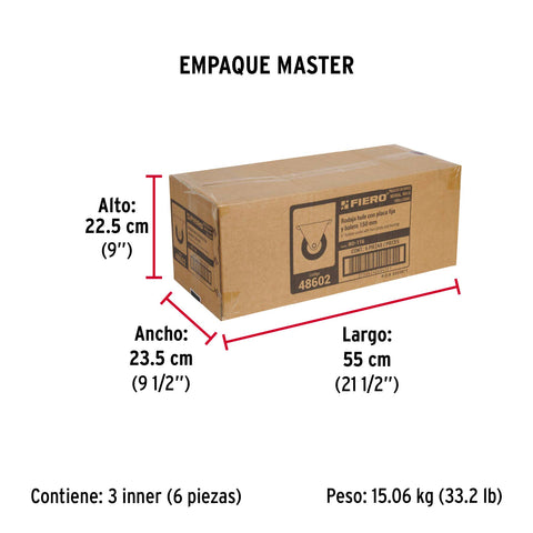 Rodaja hule 6', placa fija con balero, carga 150 kg, FIERO | RO-116 | 48602