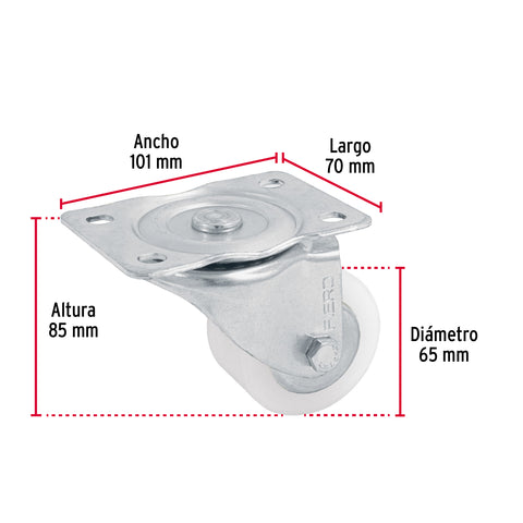 Rodaja de polietileno 2-1/2 placa giratoria con balero FIERO | RO-224 | 48627
