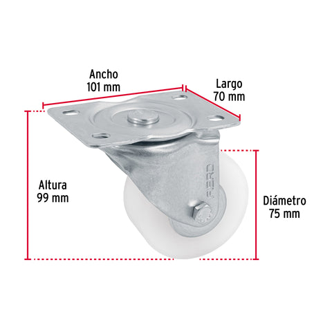 Rodaja de polietileno 3' placa giratoria, con balero, FIERO | RO-226 | 48629