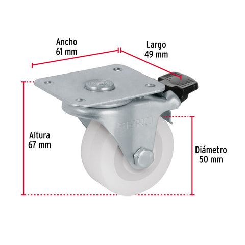 Rodaja de polietileno 2' placa giratoria, con freno, FIERO | RO-2210F | 48633