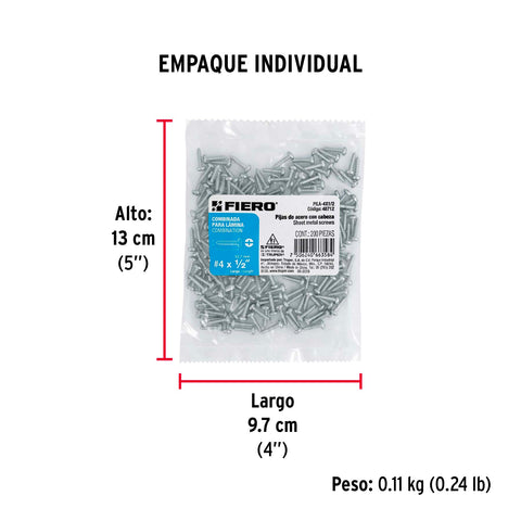 Bolsa con 200 pijas para lámina, #4 x 1/2', FIERO | PILA-4X1/2 | 48712
