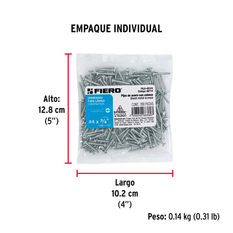 Bolsa con 200 pijas para lámina, #4 x 3/4', FIERO | PILA-4X3/4 | 48714