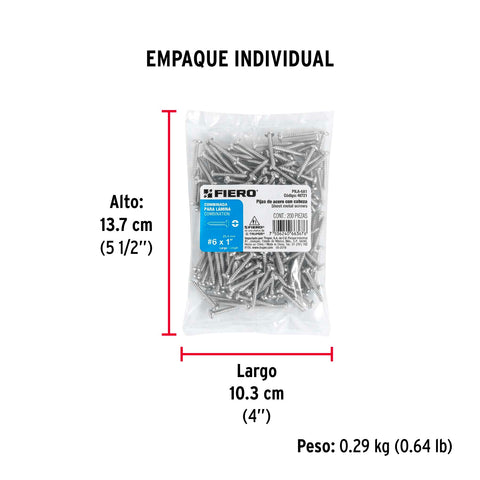Bolsa con 200 pijas para lámina, #6 x 1', FIERO | PILA-6X1 | 48721