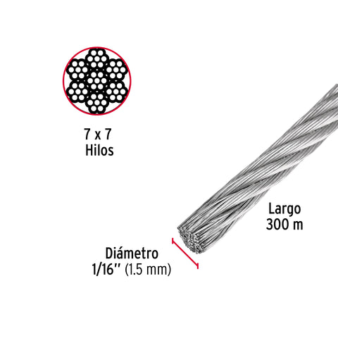 Metro de cable rígido 1/16' de acero 7x7 hilos, 300 m, FIERO | CAB-1/16R3 | 48795