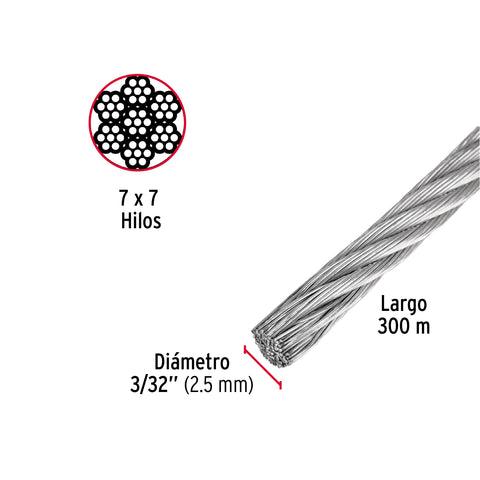 Metro de cable rígido 3/32' de acero 7x7 hilos, 300 m, FIERO | CAB-3/32R3 | 48796