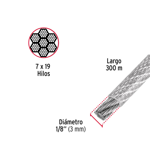 Metro cable flexible 1/8' acero 7x19 recubierto PVC, 300 m | CAB-1/8FX3 | 48810