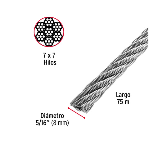 Metro de cable rígido 5/16' de acero 7x7 hilos, 75 m, FIERO | CAB-5/16R | 48813