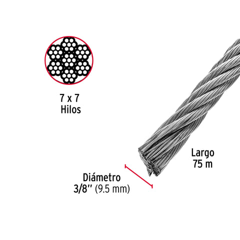 Metro de cable rígido 3/8' de acero 7x7 hilos, 75 m, FIERO | CAB-3/8R | 48814