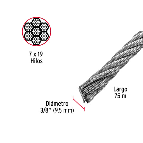 Metro de cable flexible 3/8' de acero 7x19 hilos, 75 m | CAB-3/8F | 48817