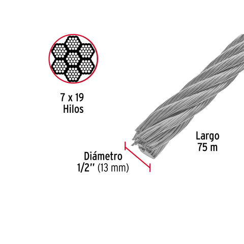 Metro de cable flexible 1/2' de acero 7x19 hilos, 75 m | CAB-1/2F | 48819