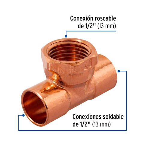 Tee de cobre rosca interior central 1/2', FOSET | CC-701 | 48885