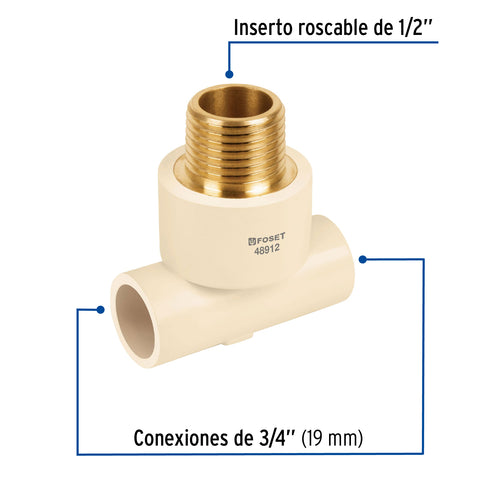 Tee reducida macho de CPVC 3/4' x 3/4' x 1/2' inserto latón | CPVC-712 | 48912