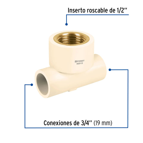 Tee reducida hembra de CPVC 3/4' x 3/4' x 1/2' inserto latón | CPVC-702 | 48915