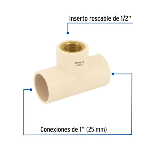 Tee reducida hembra de CPVC 1' x 1' x 1/2' inserto latón | CPVC-703 | 48916